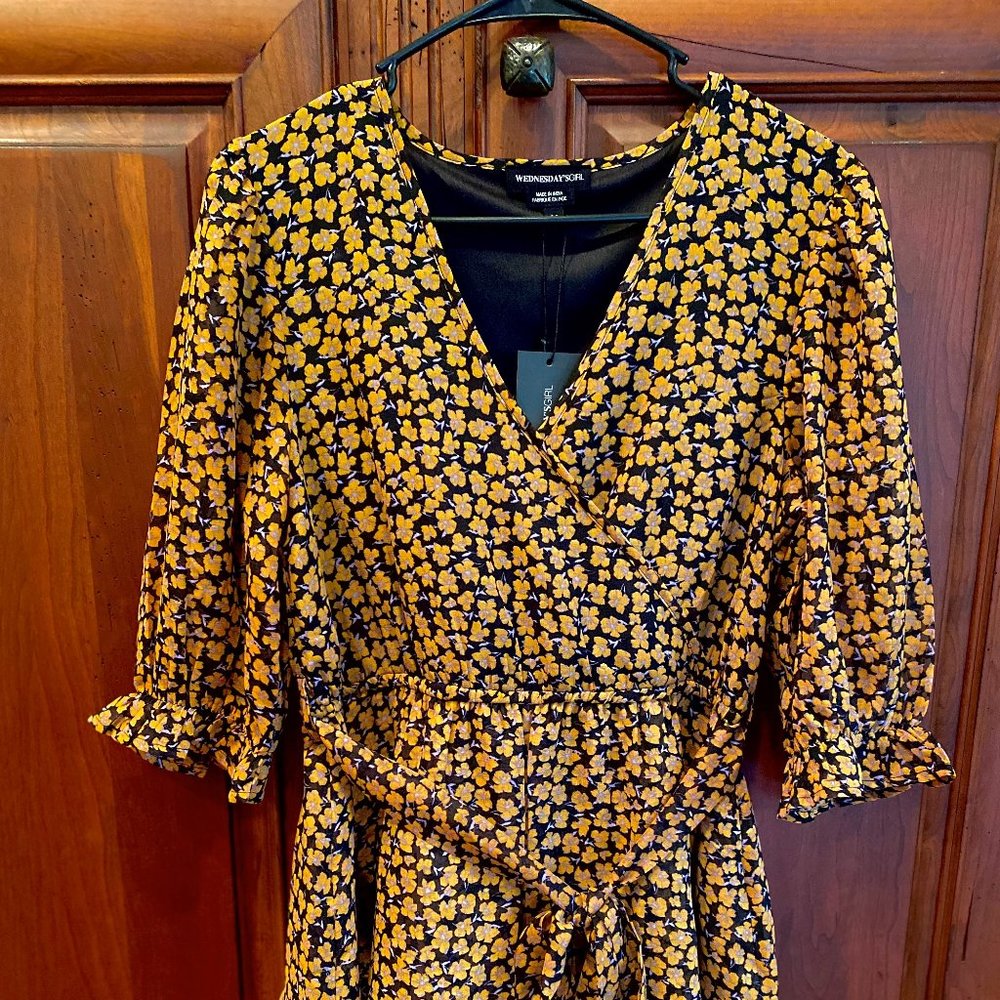 Wednesday's Girl mini wrap dress with puff sleeves and tiered skirt in buttercup